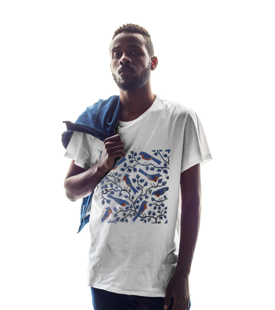 Eastern Bluebirds Perched On Flowering Tree Branches T-Shirt