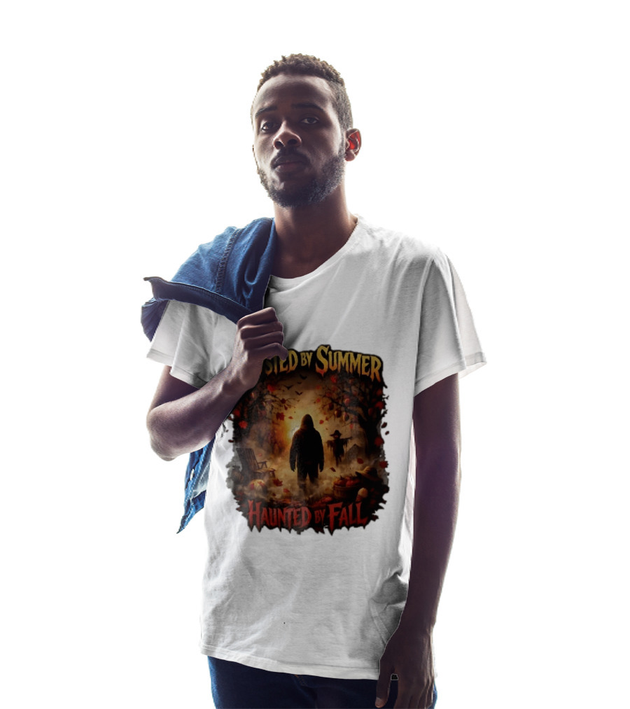 Ghosted By Summer Haunted By Fall Hooded Figure Autumn Orchard Scarecrow Pumpkins T-Shirt