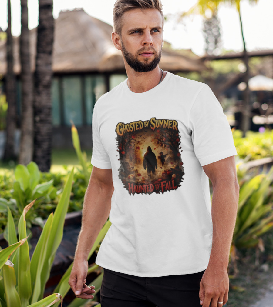 Ghosted By Summer Haunted By Fall Hooded Figure Autumn Orchard Scarecrow Pumpkins T-Shirt
