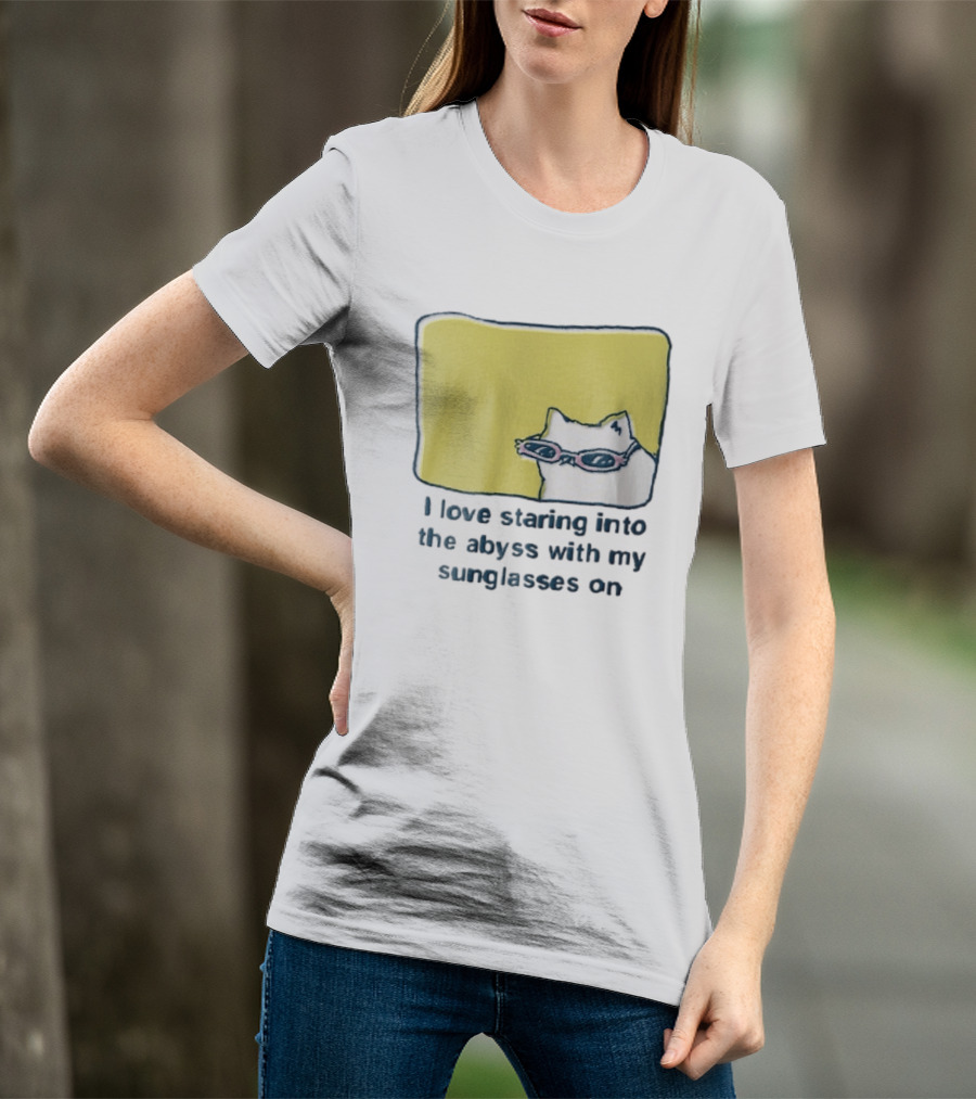 I Love Staring Into The Abyss With My Sunglasses On White Cat Pink Glasses Popcornpunk Cartoon T-Shirt