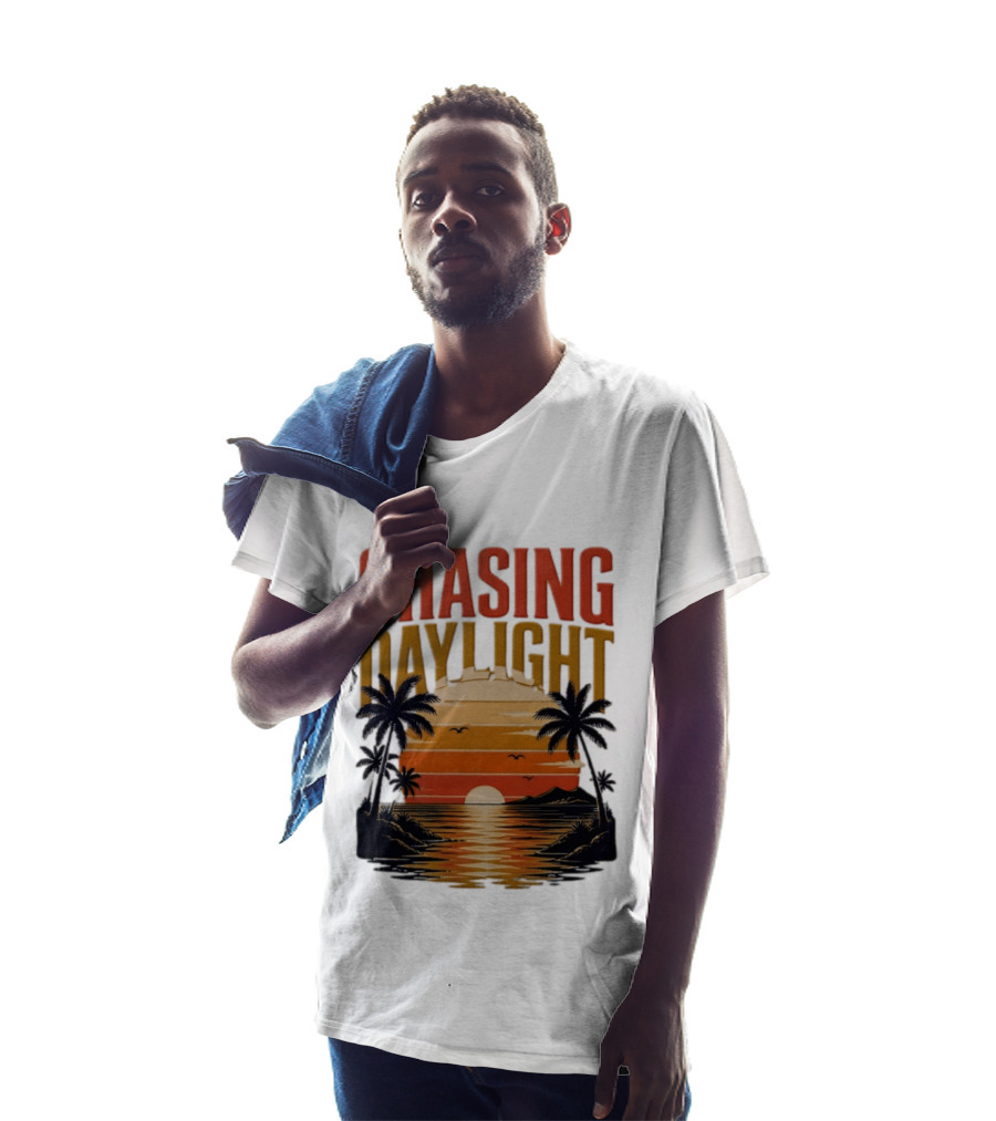 Chasing Daylight Tropical Beach Sunset Scene With Palms And Ocean Waves T-Shirt