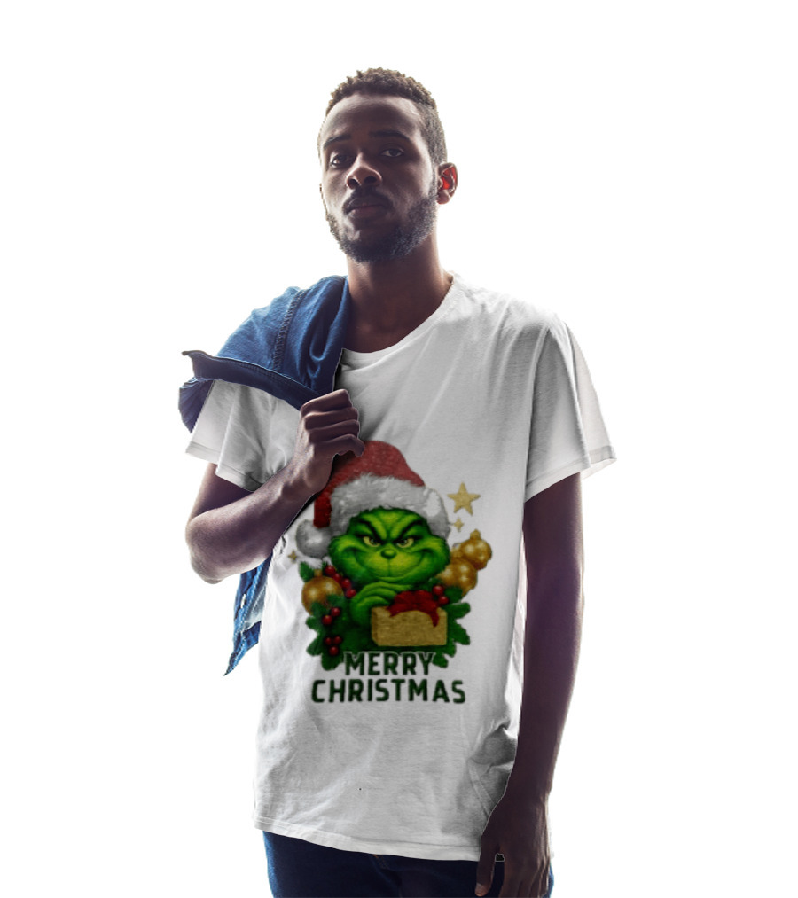 Merry Christmas Grinch Santa Claus Hat Gold Present Pine Branches T-Shirt
