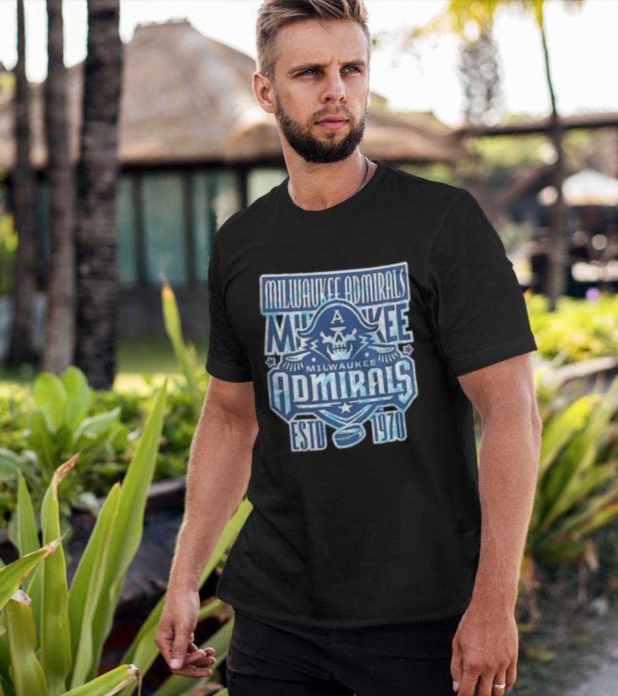 Milwaukee Admirals Estd 1970 Skull Hockey Puck Distressed Navy Blue T-Shirt