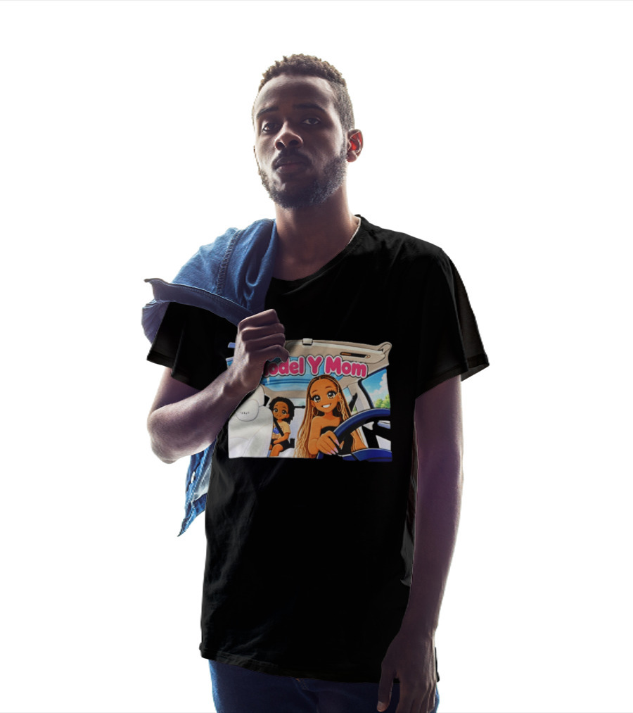 Model Y Mom Cartoon Driving Scene In Tesla T-Shirt