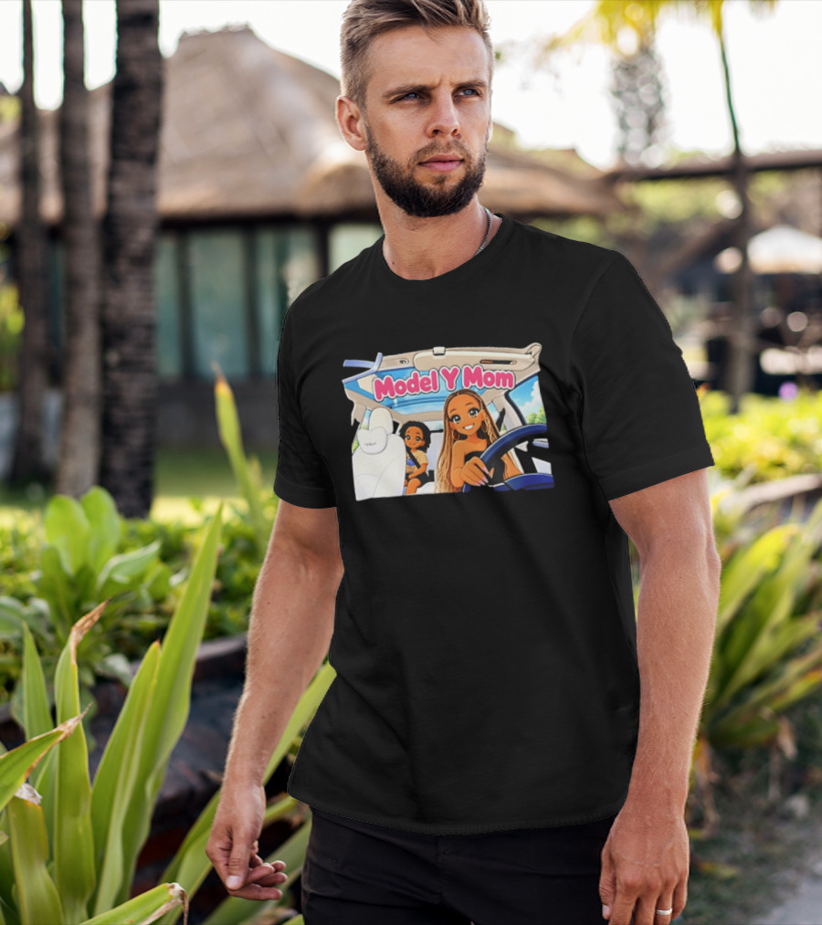 Model Y Mom Cartoon Driving Scene In Tesla T-Shirt