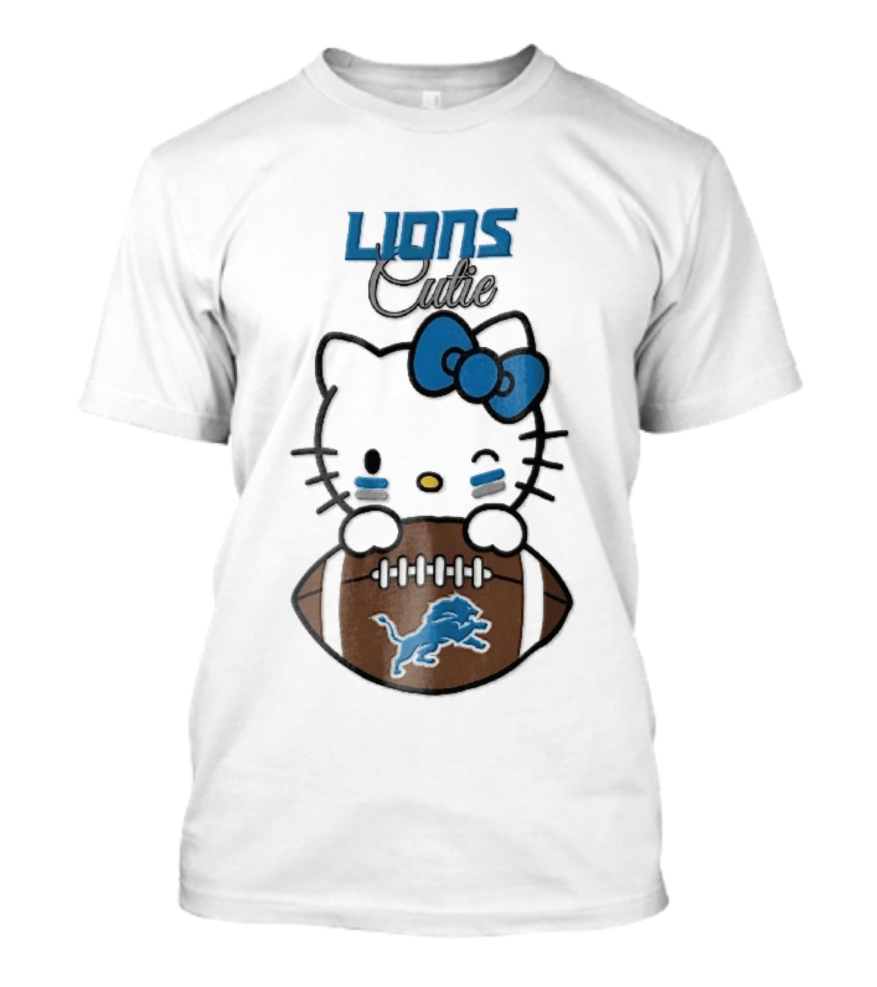 Detroit Lions Cute Cartoon Cat With Blue Bow Face Paint Football T-Shirt