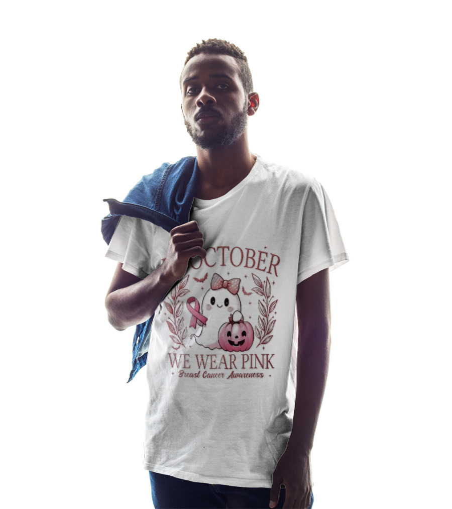 In October We Wear Pink Breast Cancer Awareness Ghost Bow Ribbon Pumpkin T-Shirt