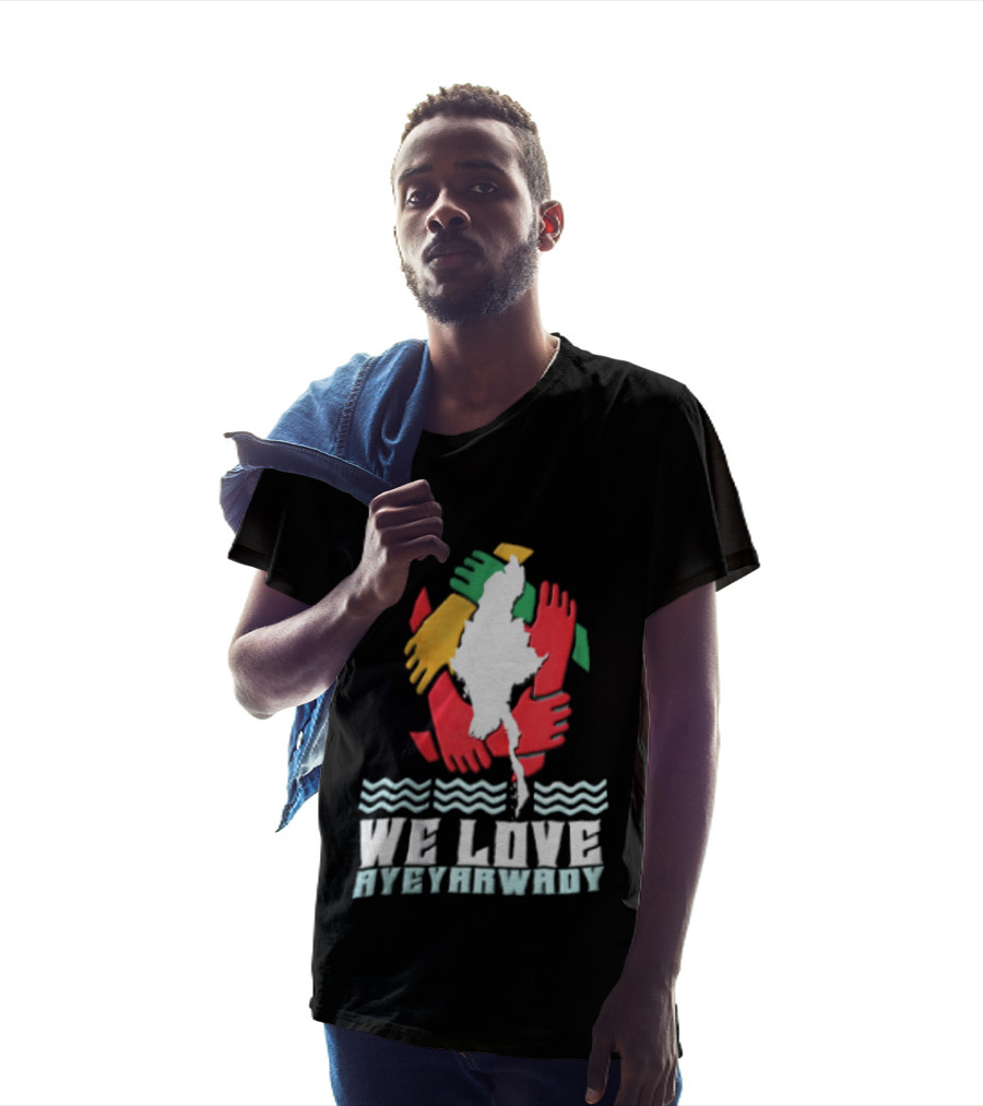 We Love Ayeyarwady Map Of Myanmar Hands Together Red Green Yellow Waves T-Shirt