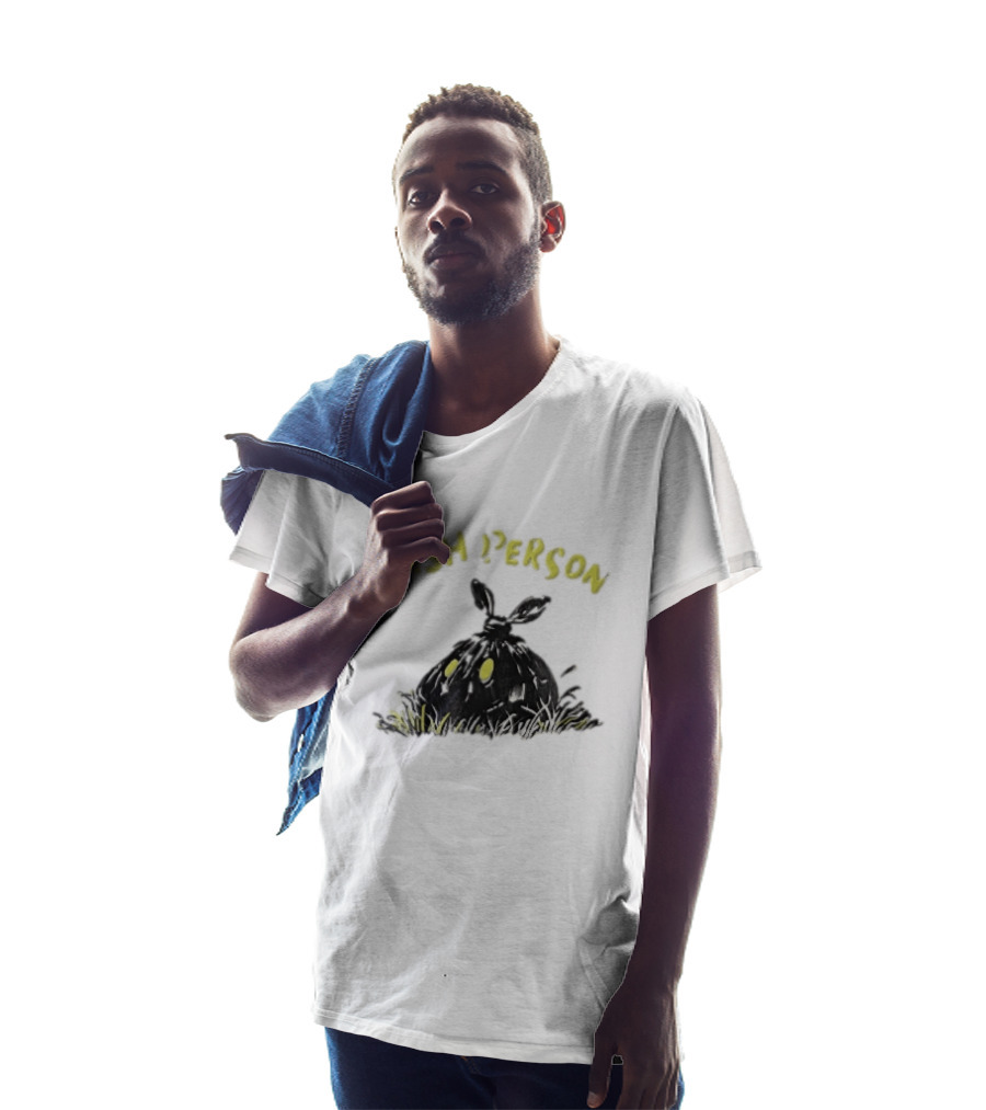 Trash Person Black Bag Creature Glowing Yellow Eyes Grass Monster T-Shirt