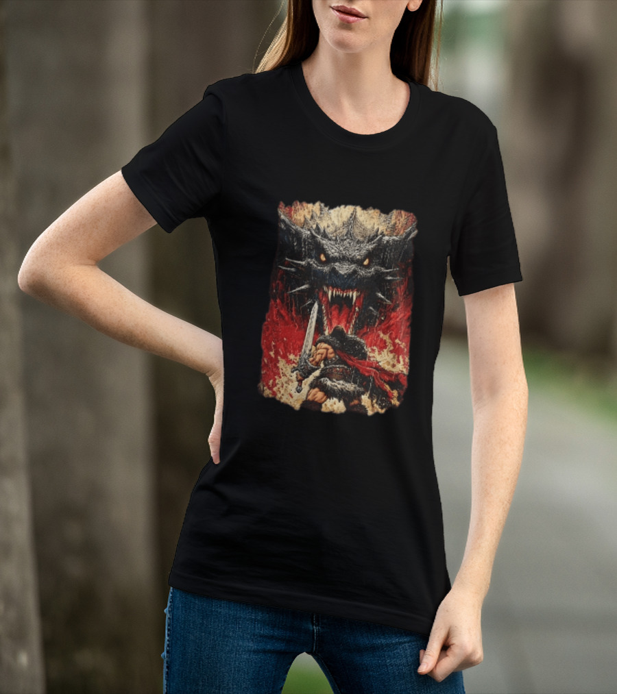 Barbarian Warrior Sword Battle Roaring Dragon Fiery Flames Art Ink Line T-Shirt