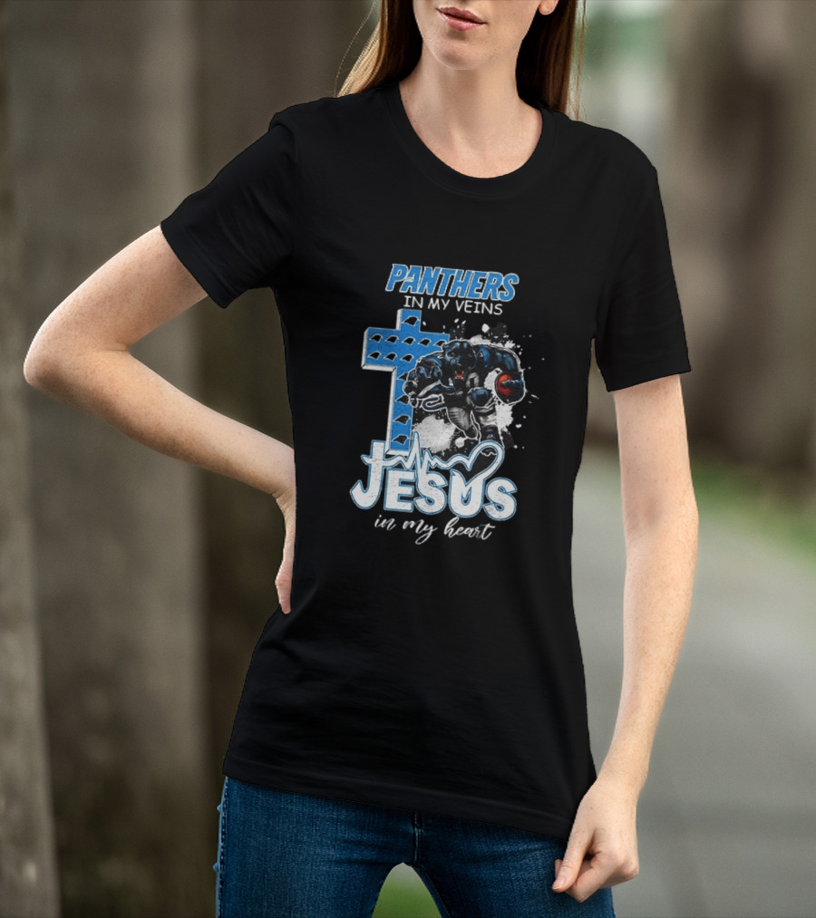Panthers In My Veins Jesus In My Heart Carolina Football Athlete Cross T-Shirt
