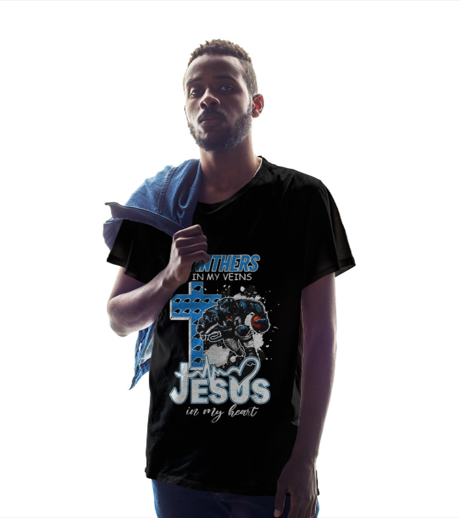Panthers In My Veins Jesus In My Heart Carolina Football Athlete Cross T-Shirt