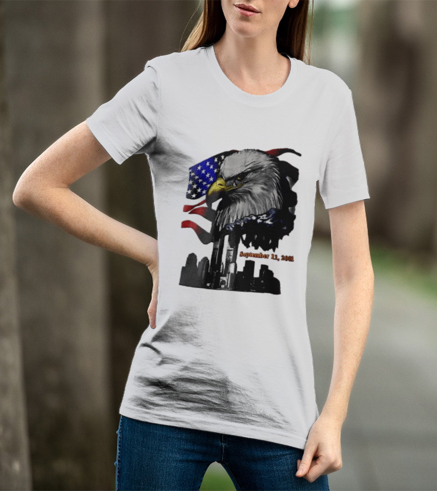 September 11 2001 Twin Towers New York Skyline Crying Bald Eagle American Flag T-Shirt