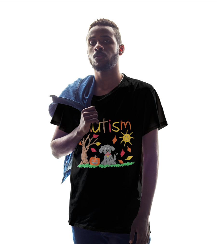 Autism Awareness Fall Puppy Pumpkin Autumn Leaves Sun Drawing T-Shirt