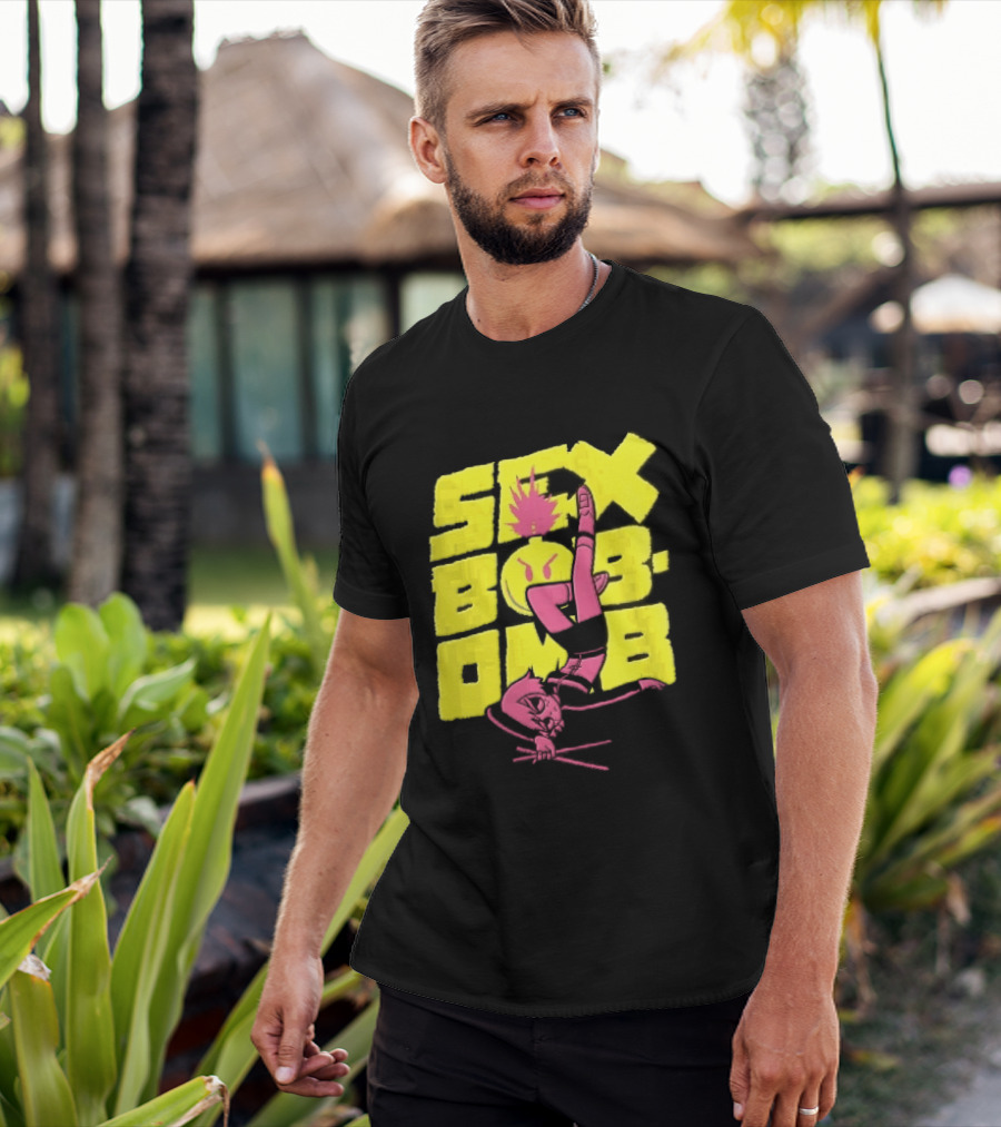Sex Bob Omb Inverted Pink Cartoon Drummer With Drumsticks Bold Yellow T-Shirt