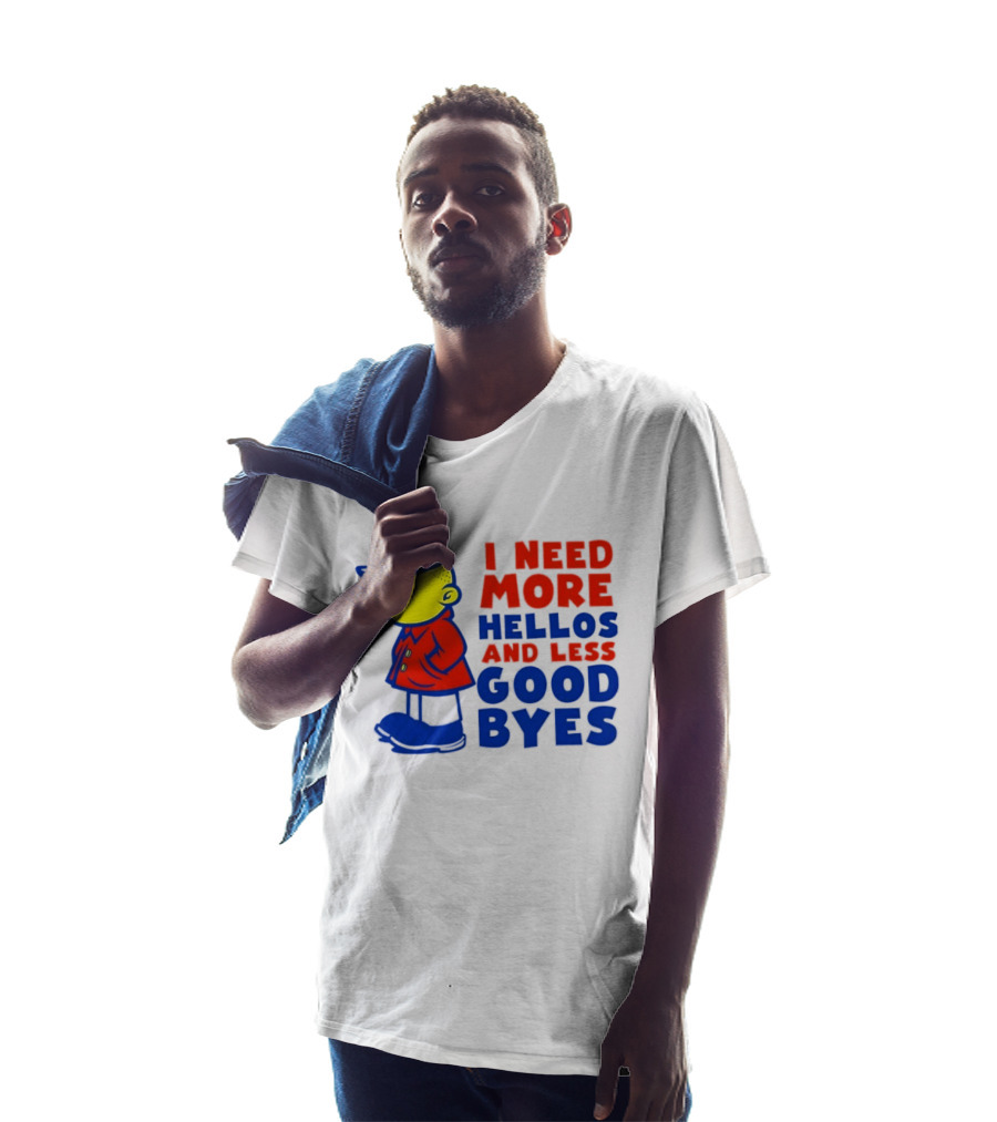 I Need More Hellos And Less Good Byes Cartoon Character In Red Coat And Blue Cap T-Shirt