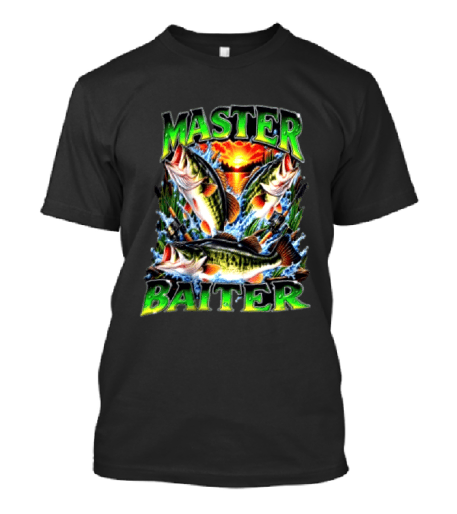 Master Baiter Fishing Large Mouth Bass Sunset Scene T-Shirt