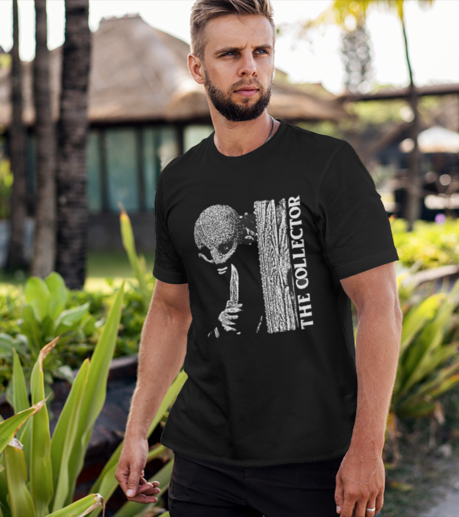 The Collector Masked Figure Knife Wooden Door Peeking Halftone T-Shirt