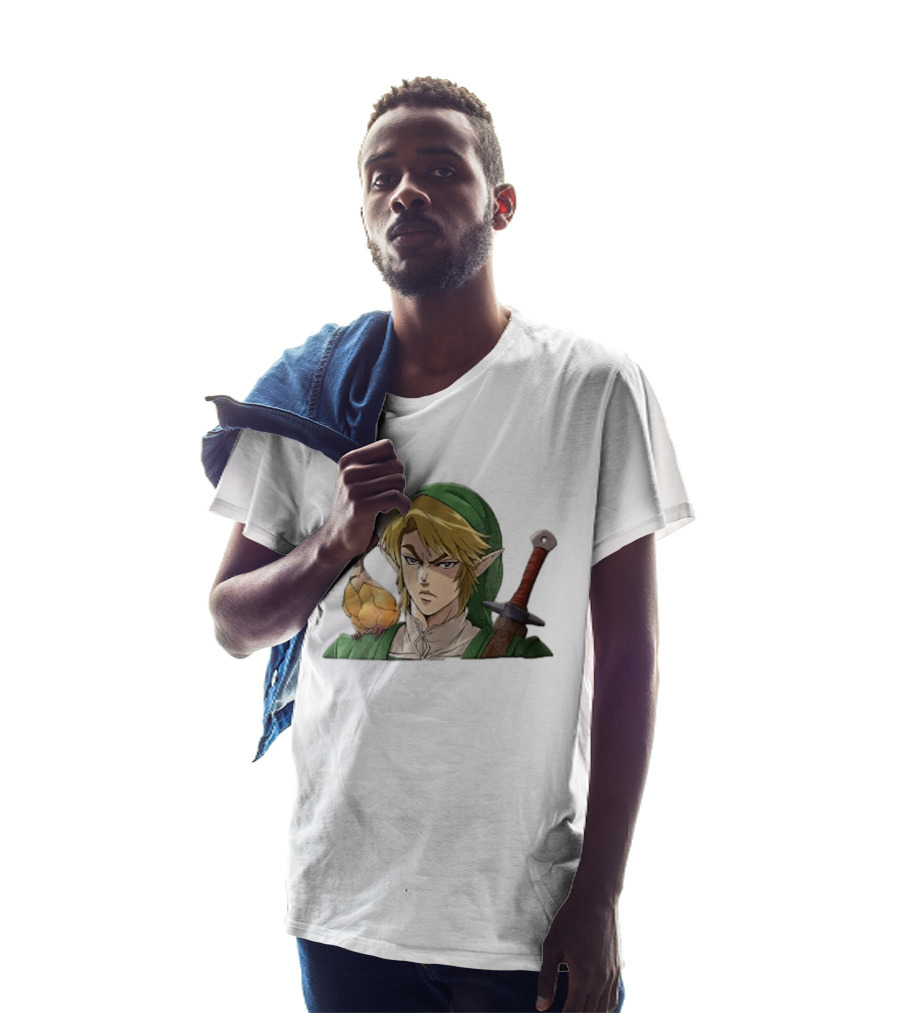 Anime Blonde Elf Knight In Green Tunic With Sword And Strange Bird Companion T-Shirt