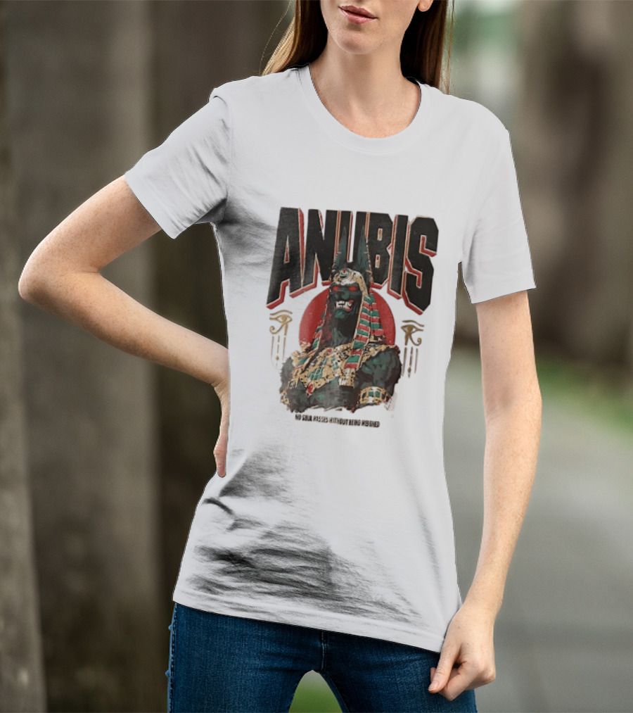 Anubis Jackal Headed Egyptian God Distressed No Soul Passes Without Being Weighed Sun T-Shirt