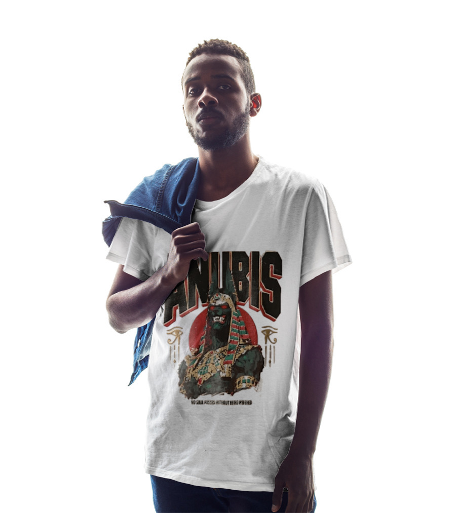 Anubis Jackal Headed Egyptian God Distressed No Soul Passes Without Being Weighed Sun T-Shirt