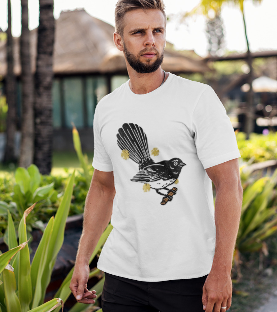 Black White Linocut Fantail Bird Branch Yellow Flowers T-Shirt