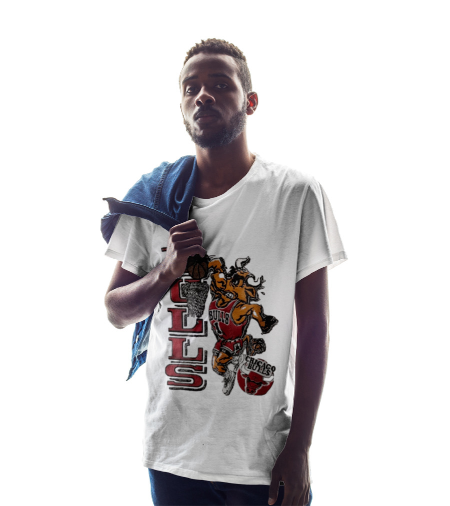 Chicago Bulls Bull Dunking Basketball Hoop NBA Cartoon Caricature T-Shirt