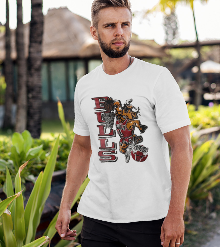 Chicago Bulls Bull Dunking Basketball Hoop NBA Cartoon Caricature T-Shirt