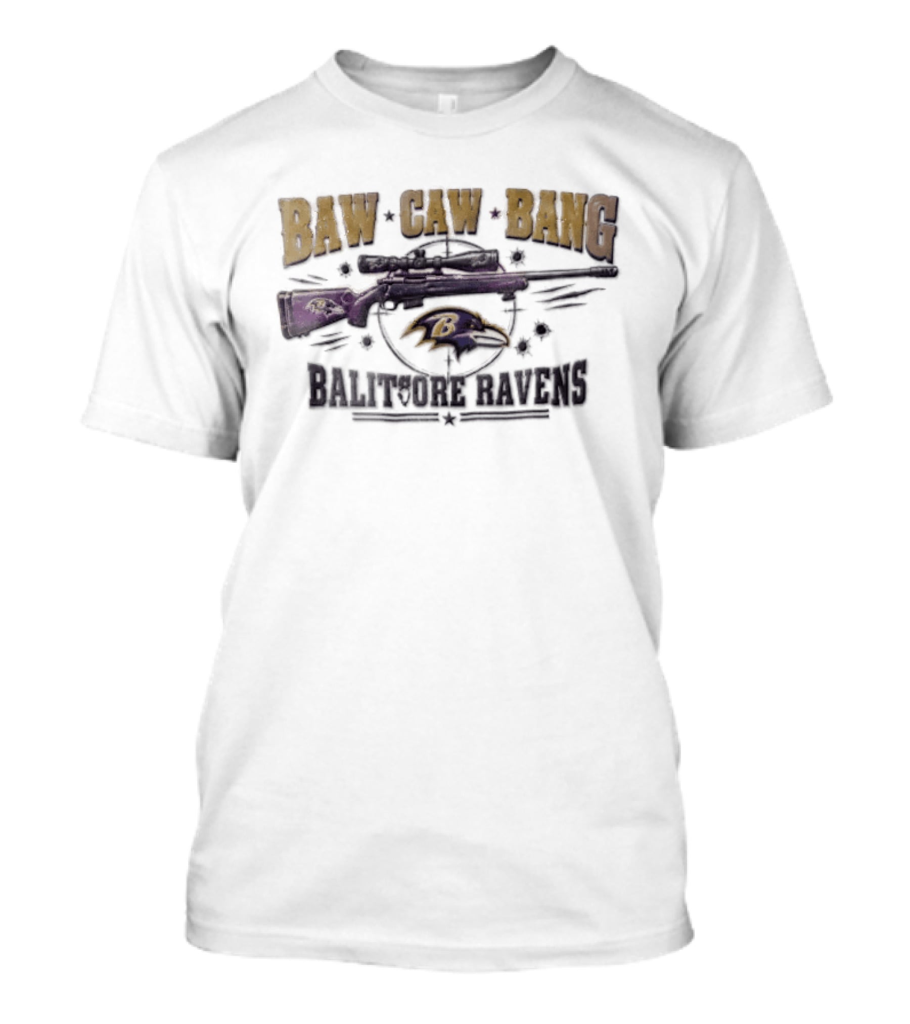 Baltimore Ravens Baw Caw Bang Sniper Rifle Bullet Holes Distressed T-Shirt