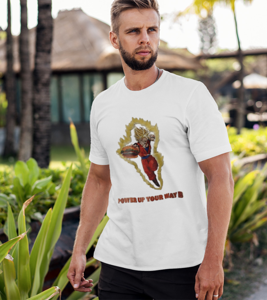 Burger King Power Up Your Way Super Saiyan Goku Holding Cheeseburger Aura T-Shirt