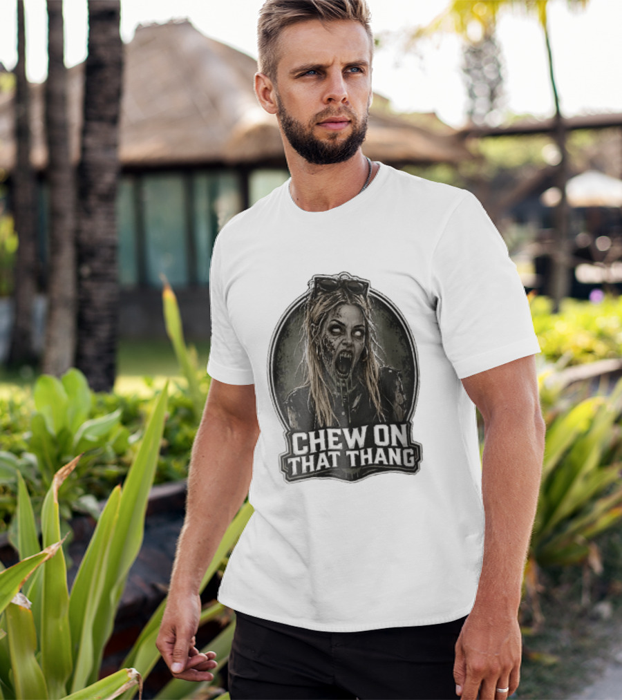 Chew On That Thang Zombie Blonde Woman Open Mouth Green Slime Sunglasses T-Shirt