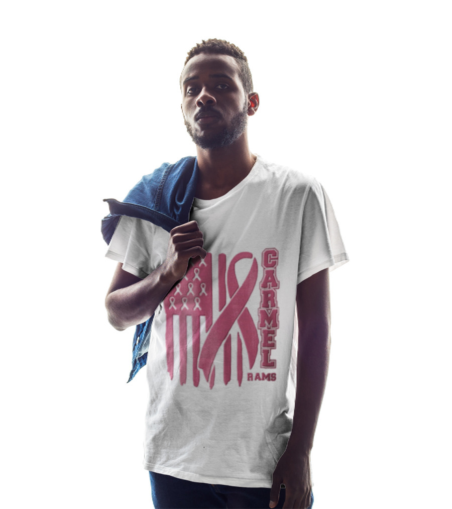 Carmel Rams Pink Ribbon American Flag Breast Cancer Awareness T-Shirt
