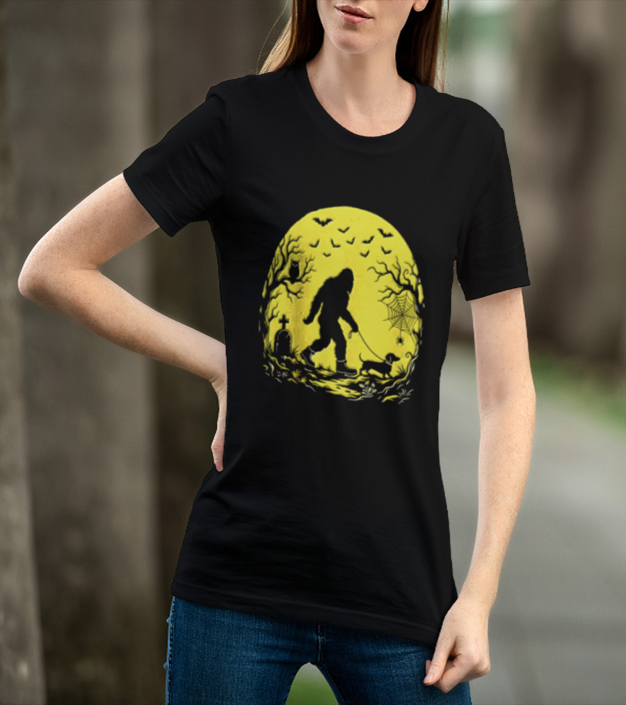 Bigfoot Walking Dachshund Under Full Moon Halloween Night T-Shirt