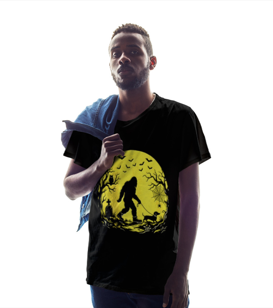 Bigfoot Walking Dachshund Under Full Moon Halloween Night T-Shirt