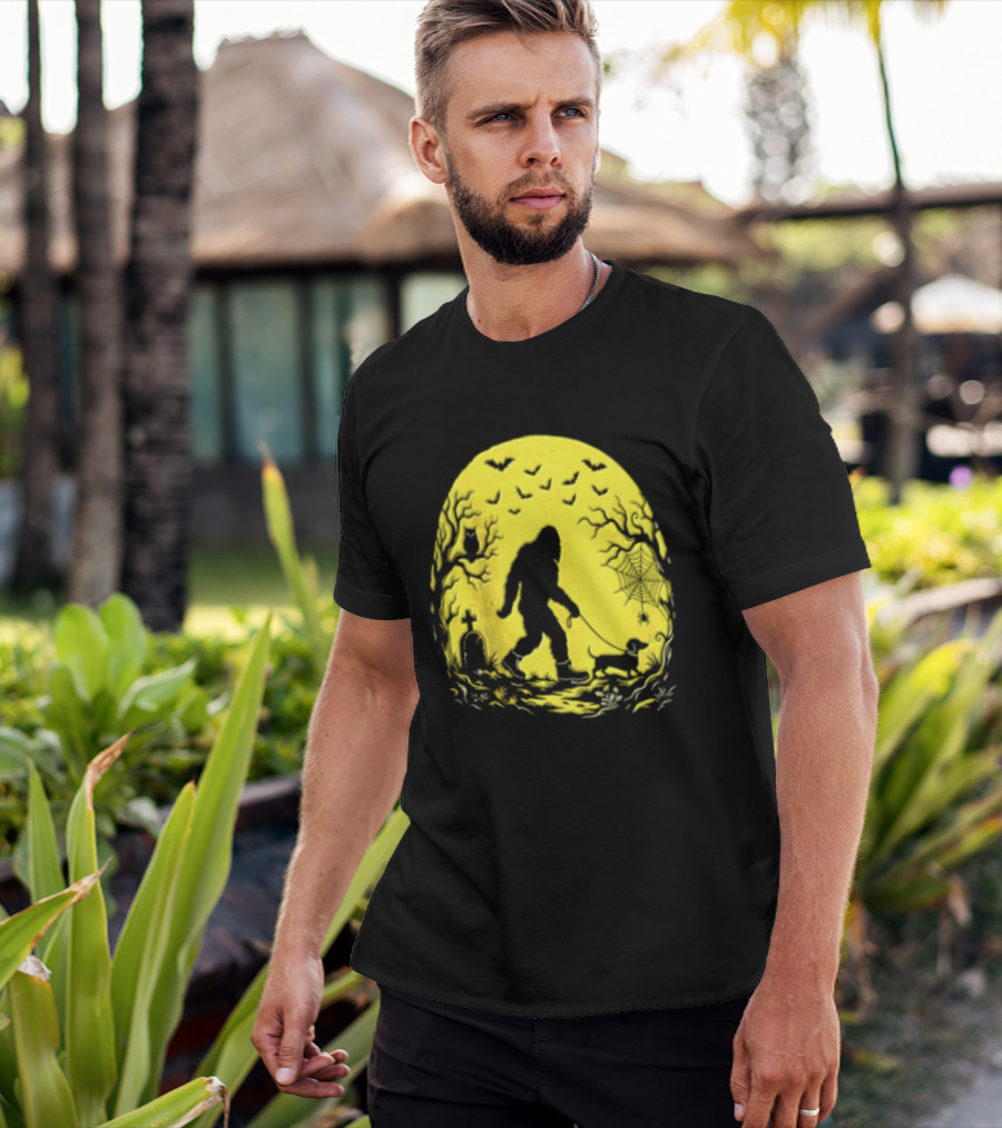Bigfoot Walking Dachshund Under Full Moon Halloween Night T-Shirt