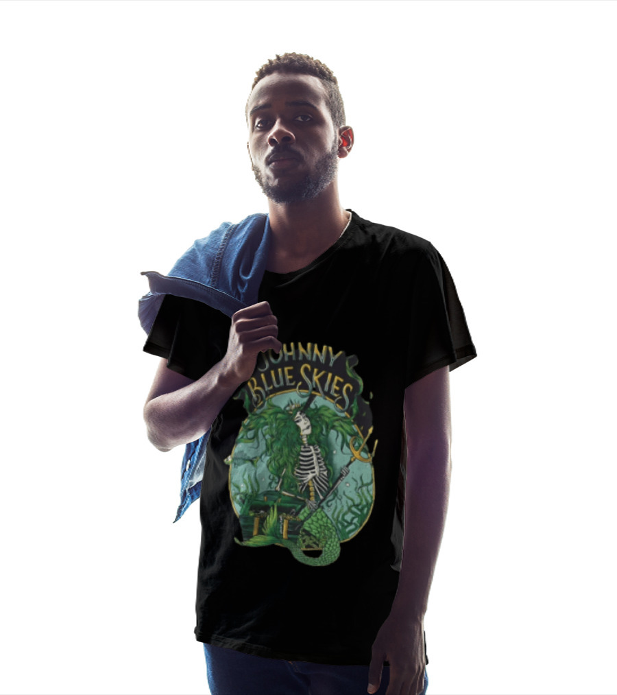 Johnny Blue Skies Skeleton Mermaid Adventure With Trident And Treasure T-Shirt
