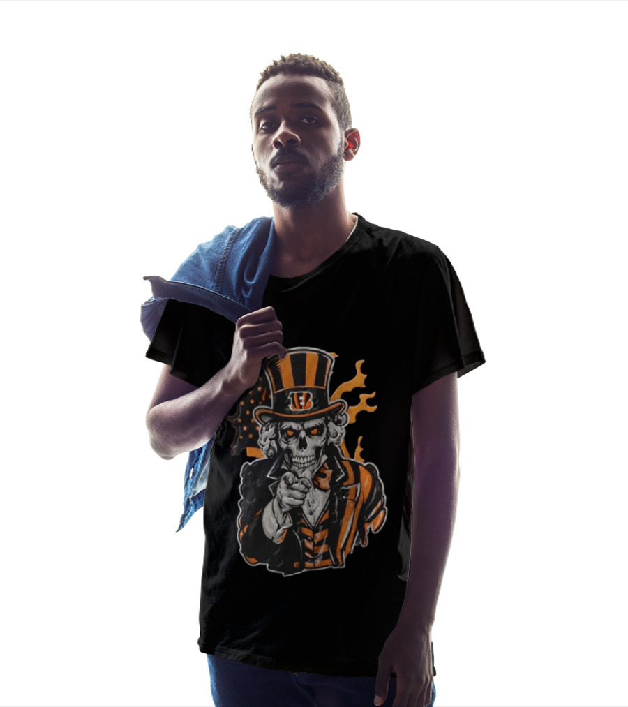 Cincinnati Bengals Skeleton Uncle Sam Pointing Tiger Head Iconic Style Fan Favorite T-Shirt