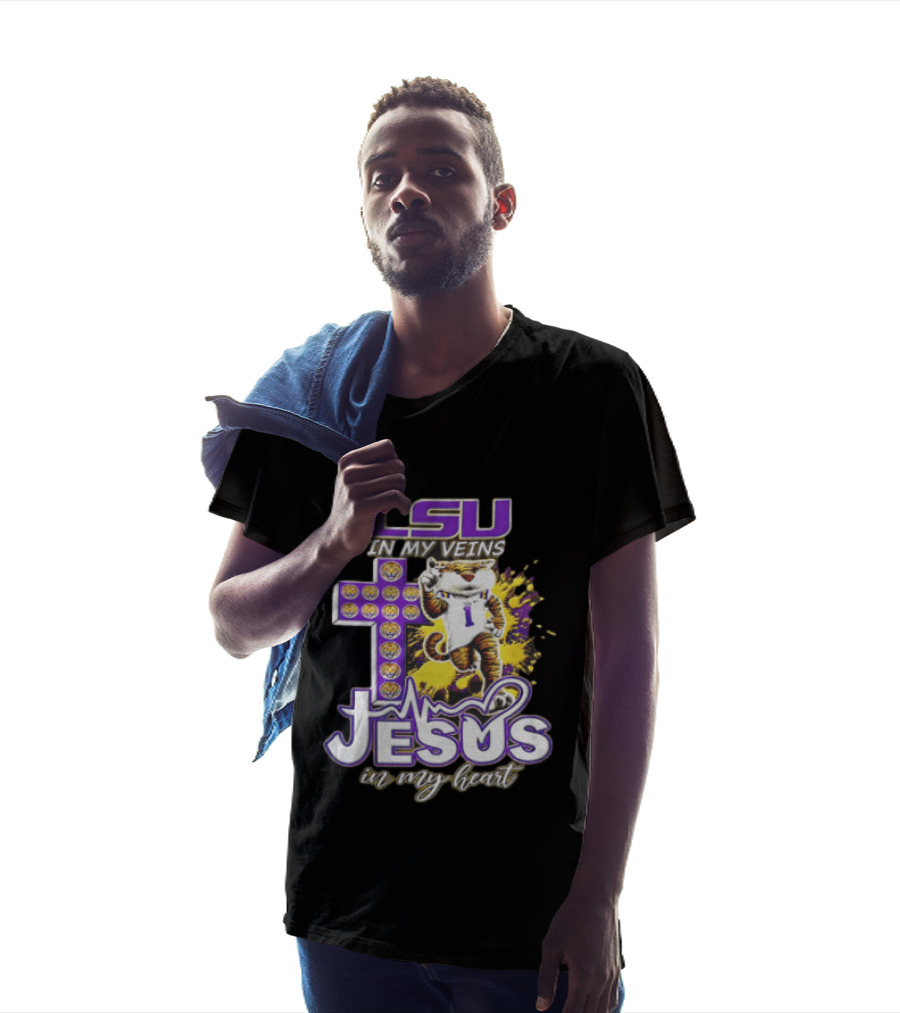 LSU In My Veins Jesus In My Heart Tiger Purple Cross EKG T-Shirt