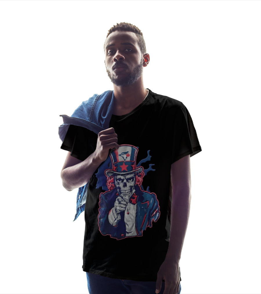 Toronto Blue Jays Skeleton Uncle Sam Pointing American Flag Bird Head Maple Leaf T-Shirt