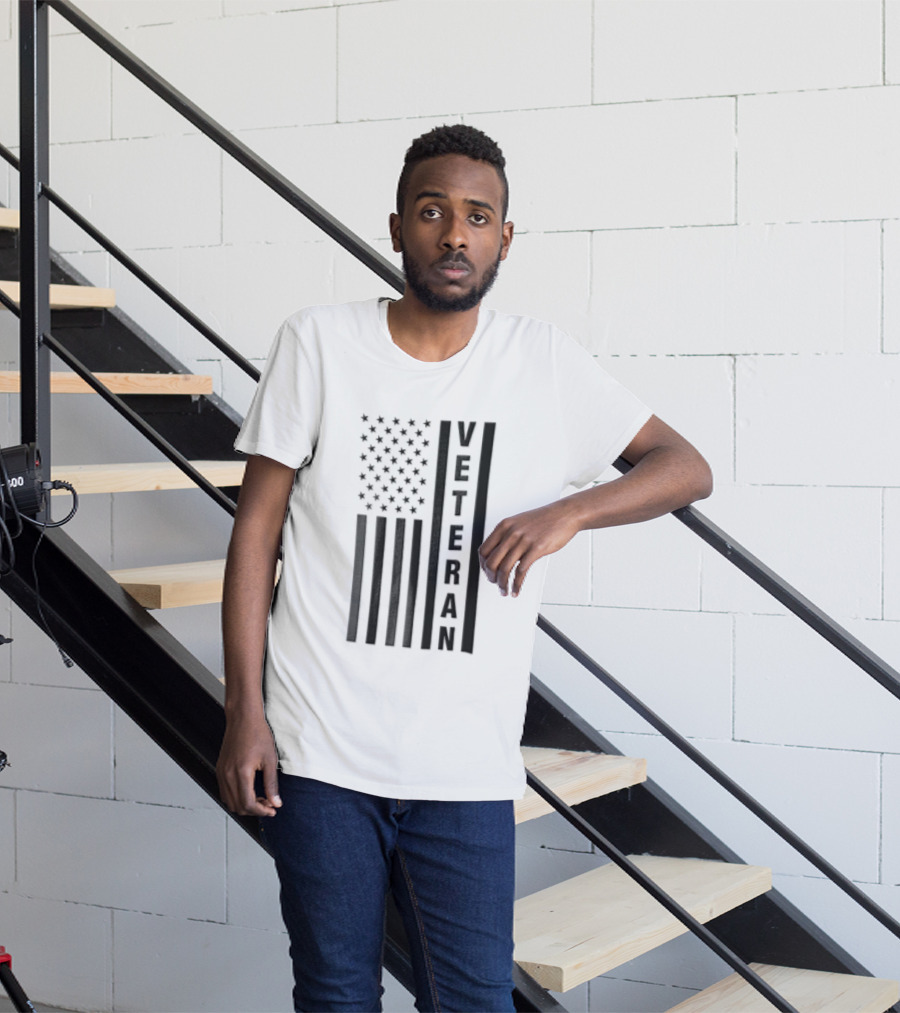 Veteran Vertical Monochrome US Flag Black Stars Stripes T-Shirt