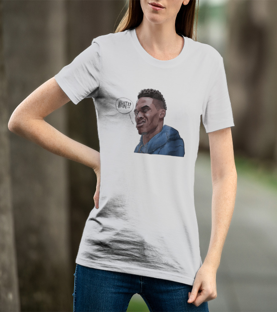 Russell Westbrook Cartoon Caricature Confused Face What Speech Bubble Blue T-Shirt