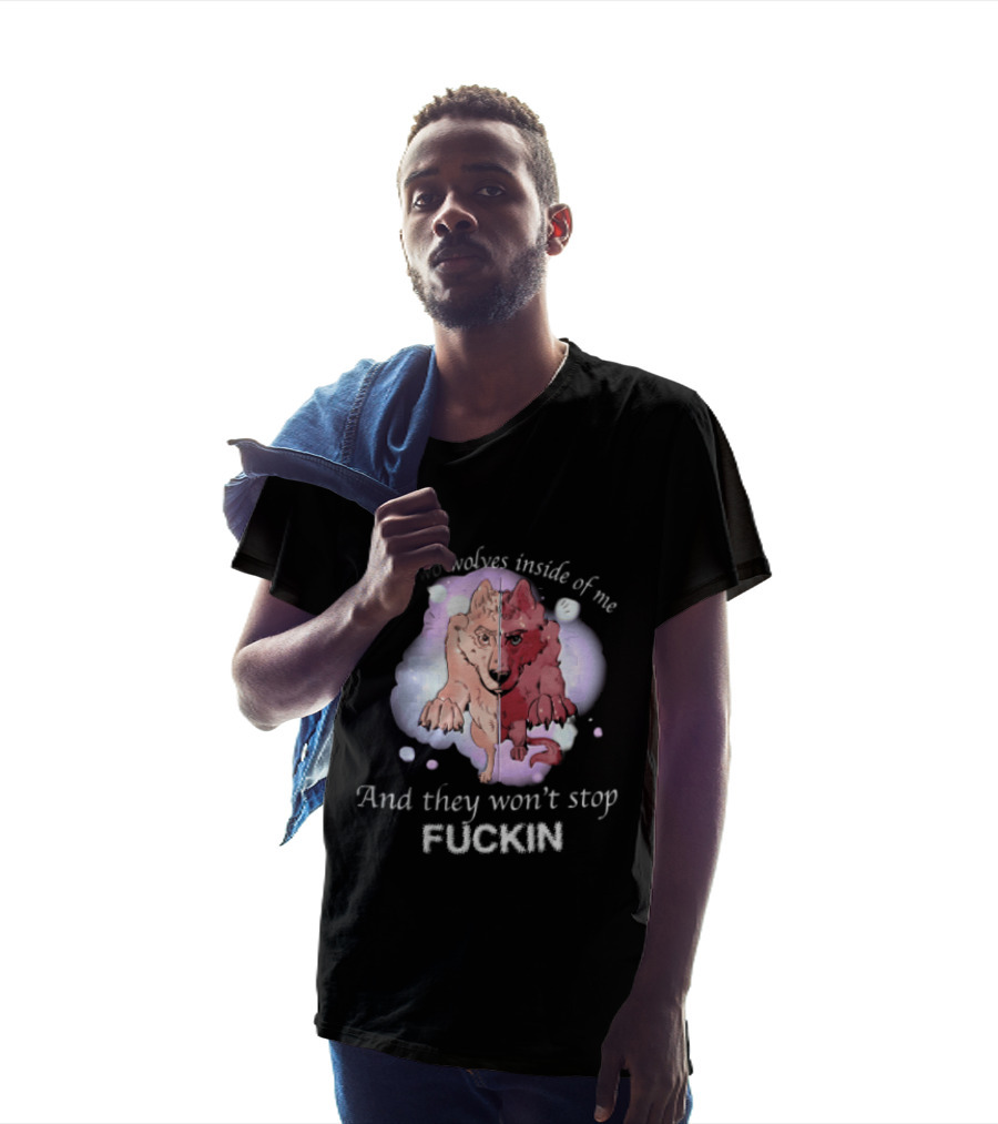 I Got Two Wolves Inside Of Me And They Wont Stop Fuckin Cartoon Split Wolf Pastel Cloud Funny Humor T-Shirt
