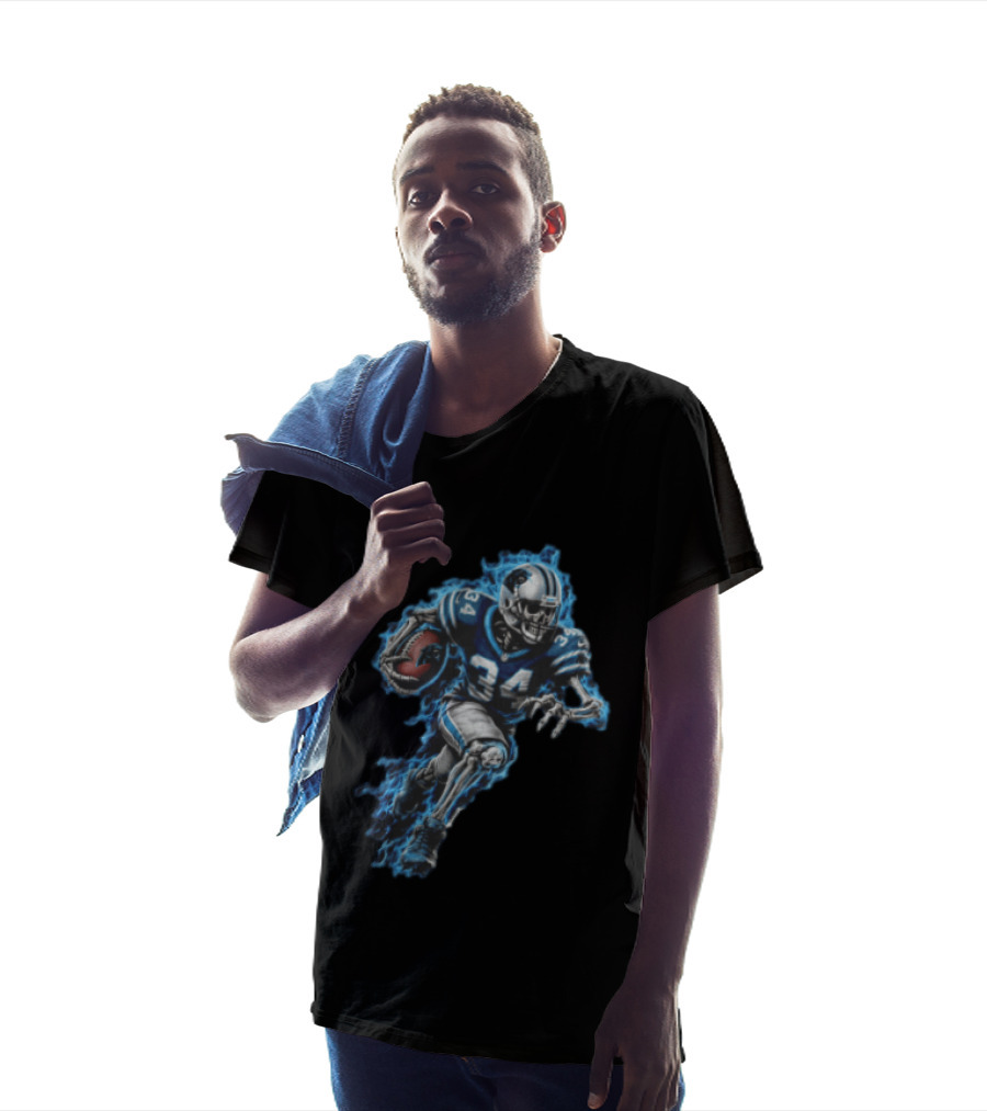 Carolina Panthers Skeleton Running Back 34 Blue Flames Football T-Shirt