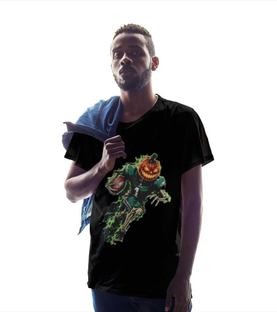 Philadelphia Eagles Pumpkin Head Skeleton Player Green Flames Football T-Shirt
