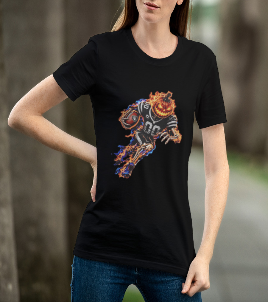 Las Vegas Raiders Flaming Pumpkin Skeleton Football Player Halloween T-Shirt
