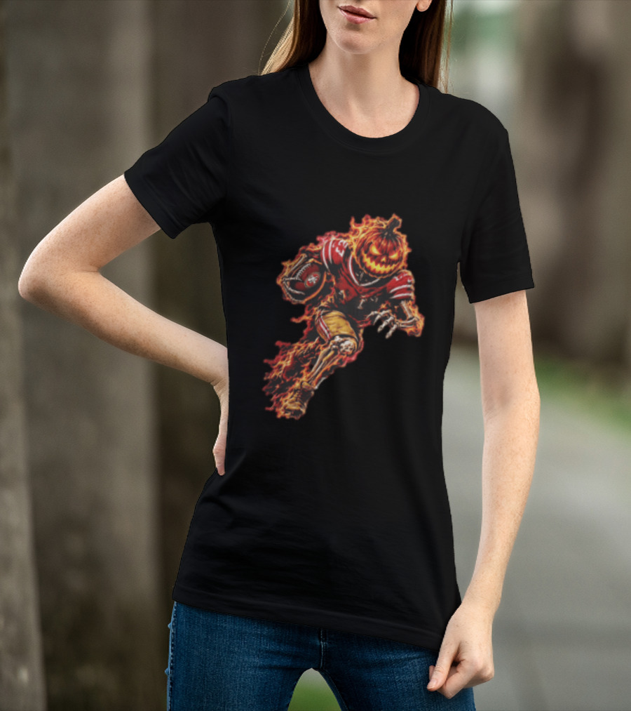 San Francisco 49ers Halloween Fiery Pumpkin Head Skeleton Football Player T-Shirt