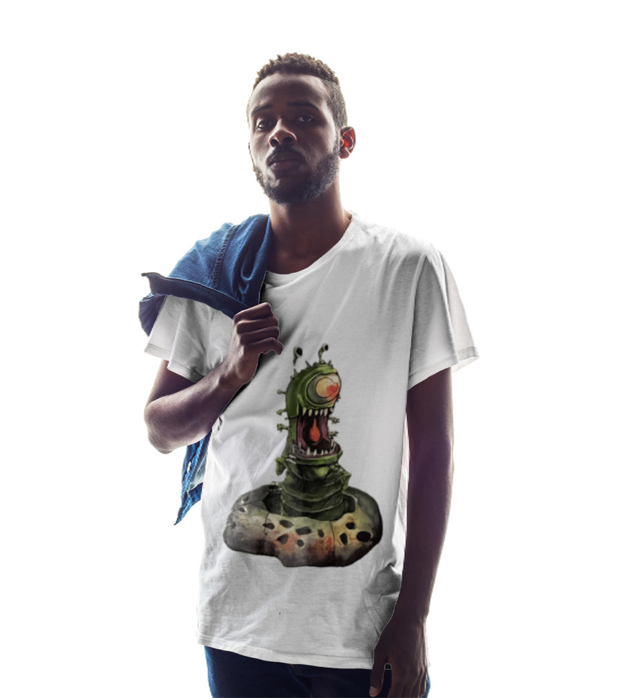 Cartoon Monstrous One Eyed Green Creature Emerging From Ground Hole T-Shirt