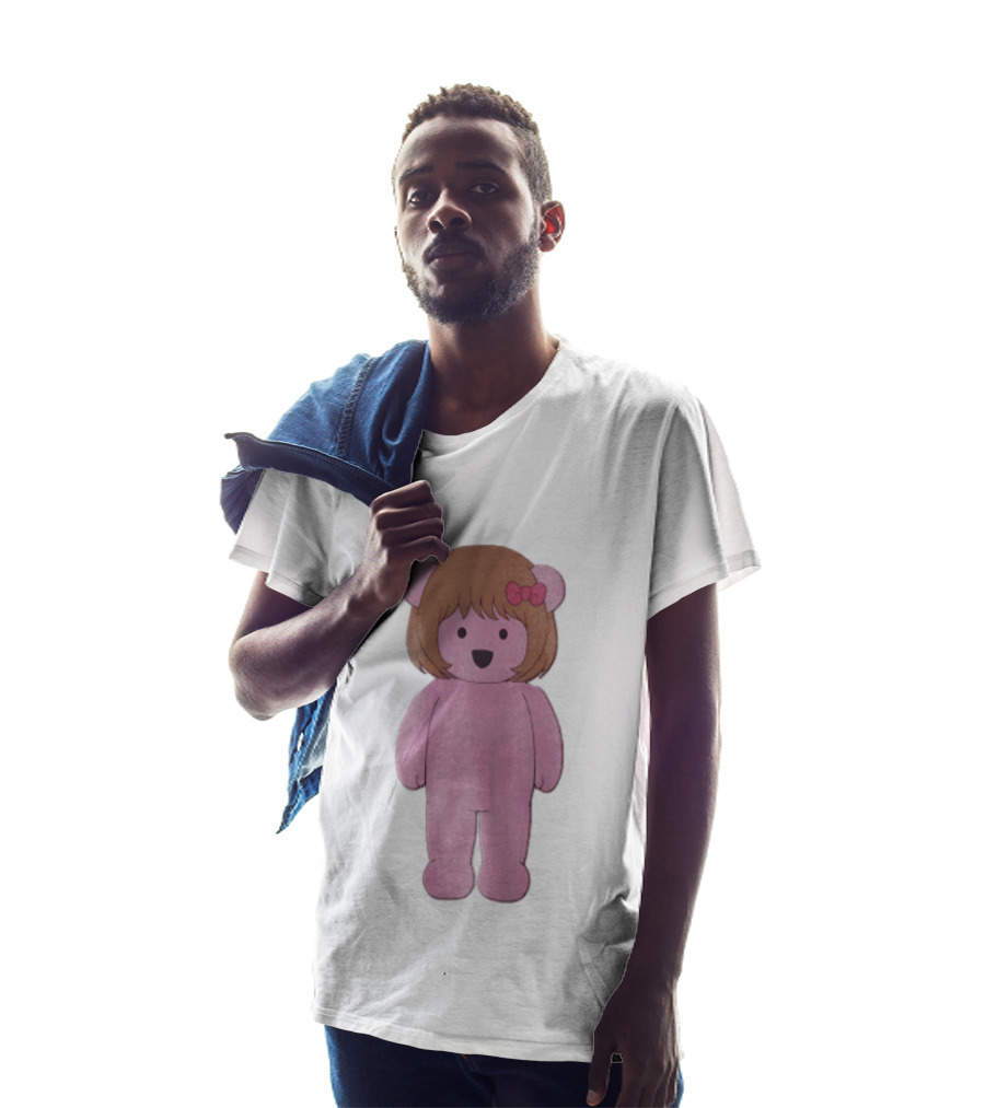 Cartoon Pink Bear With Brown Bob Haircut And Red Ribbon Bow T-Shirt