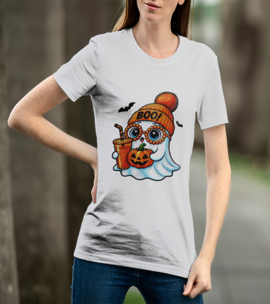 BOO Halloween Ghost With Pumpkin And Drink Spooky Fall Vibes T-Shirt