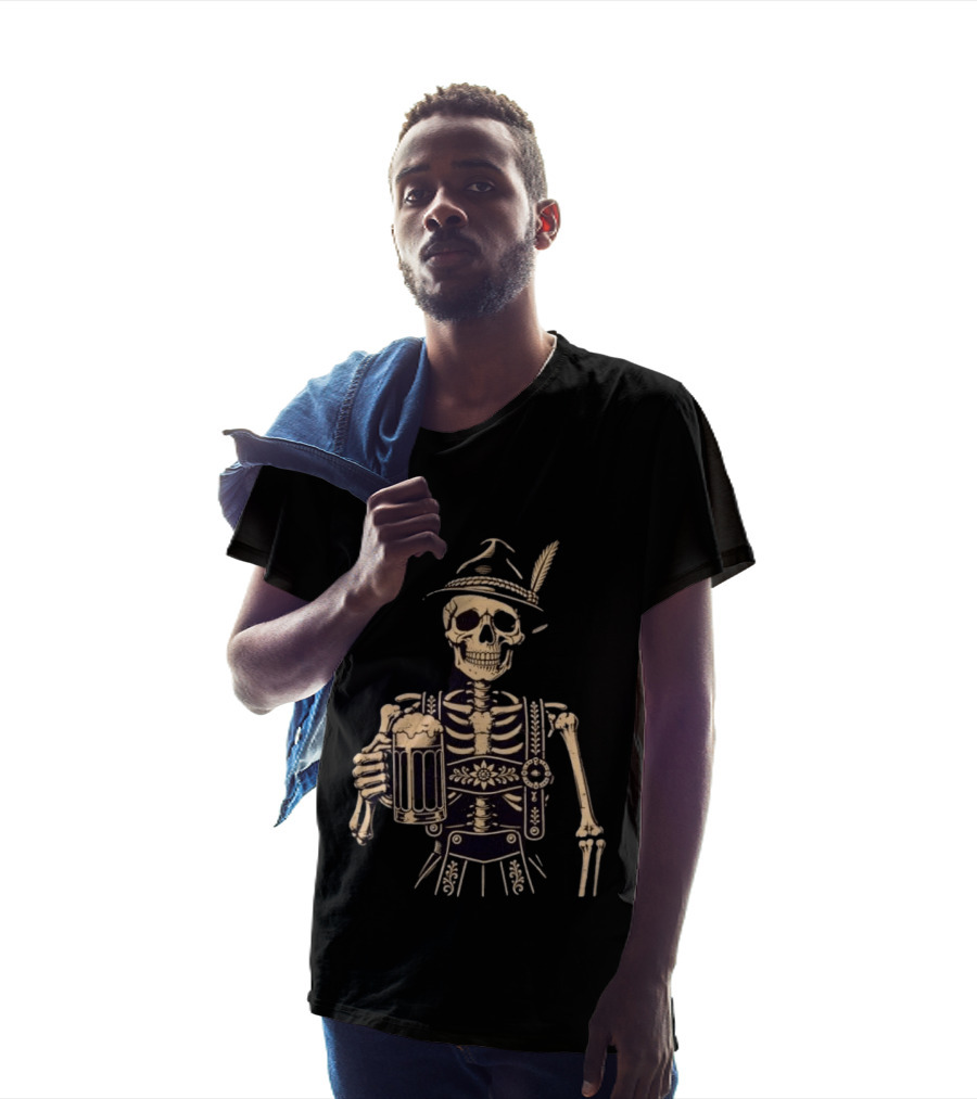 Oktoberfest Skeleton In Lederhosen With Beer And Bavarian Hat T-Shirt